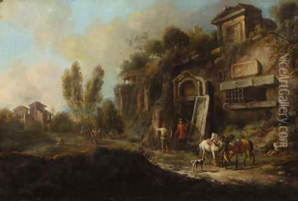 Sportsmen by a ruined mansion in an Italianate landscape Oil Painting - Francesco Zuccarelli