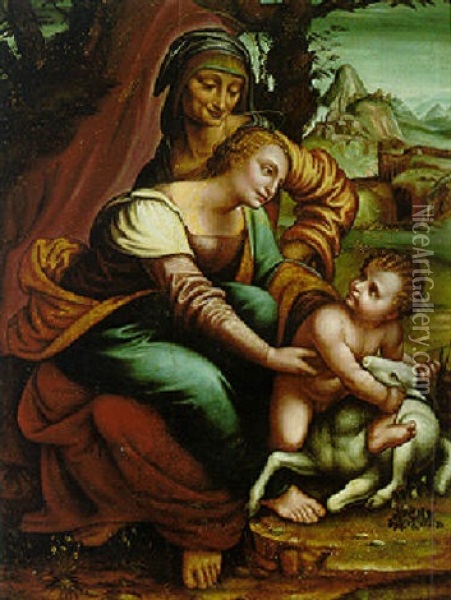 The Virgin And Child With Saint Anne In A Landscape Oil Painting - Leonardo Da Vinci