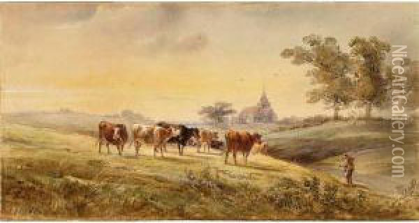 Cattle Watering By A Wooded Riverbank; Cattle Grazing With A Church Beyond Oil Painting - Henry Earp