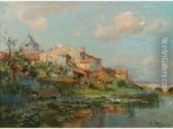 Village Sur Les Bords De Lacharente Oil Painting - Edmond Marie Petitjean