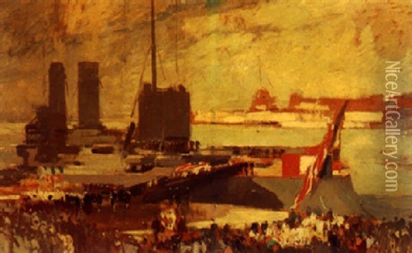 Havneparti Med Talrige Personer Der Overvaerer En Maritim Begravelse Oil Painting - Eugene Louis Gillot