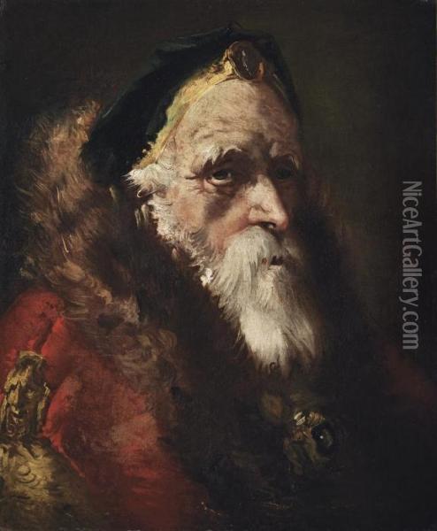 Head Study Of A Bearded Man, In A
 Green Hat With A Brooch And A Fur-trimmed Red Mantle With A Jewelled 
Buckle Oil Painting - Giovanni Domenico Tiepolo