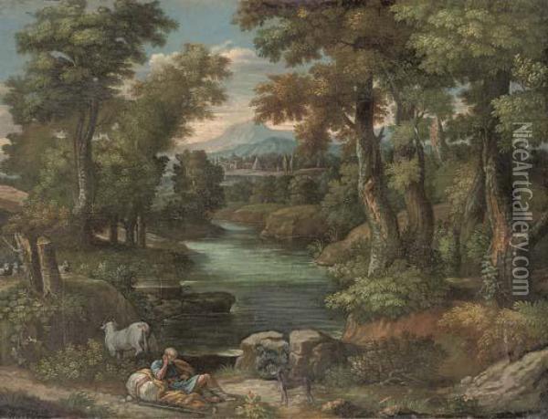An Extensive Wooded River Landscape With A Shepherd Resting On The Riverbank Oil Painting - Pieter the Younger Mulier