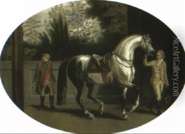 A Riding Master With A Grey Stallion Being Led By A Groom In A Courtyard Oil Painting - Johann Jakob Schalch