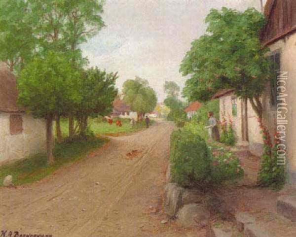 Landsbygade Med Bondekone Og Stokroser Oil Painting - Hans Andersen Brendekilde