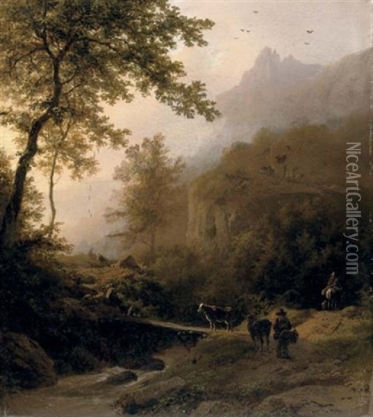 Bergachtig Landschap Bij Ondergaande Zon - The Sunset Oil Painting - Barend Cornelis Koekkoek