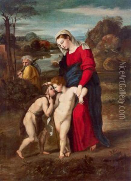La Sacra Famiglia Con San Giovannino In Un Paesaggio Oil Painting - Raffaello De'Carli Del Garbo