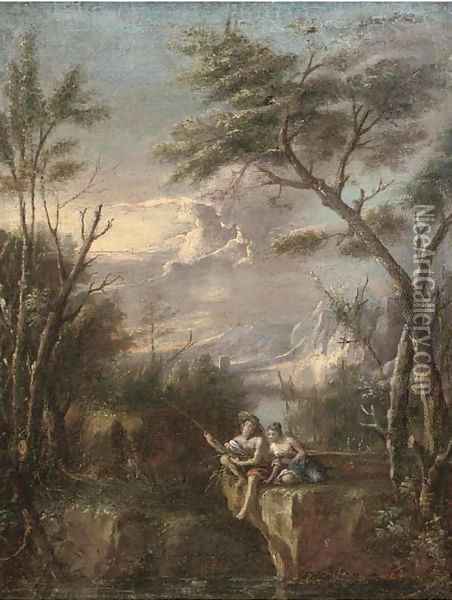 A wooded river landscape with figures fishing on a cliff Oil Painting - Marco Ricci