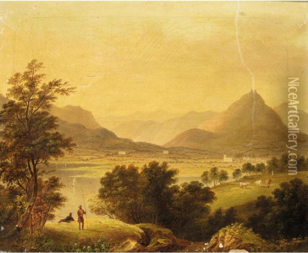 View Of Grassmere Lake, With Gentlemen Fishing In The Foreground Oil Painting - Amos Green