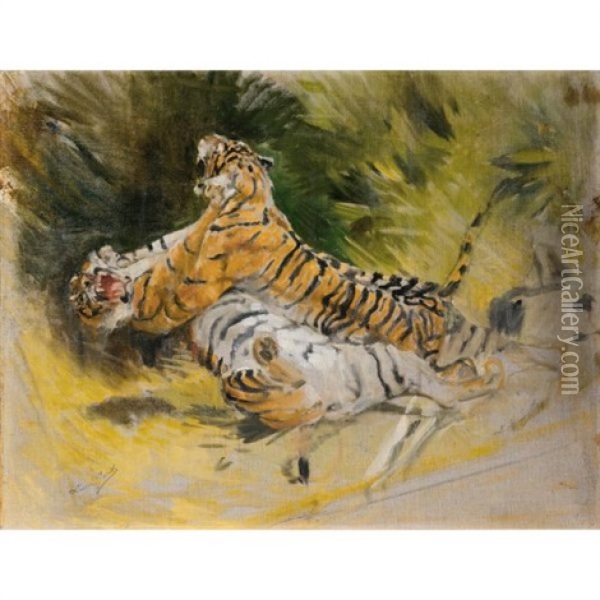 Deux Tigres Combattant Oil Painting - Aime Nicolas Morot