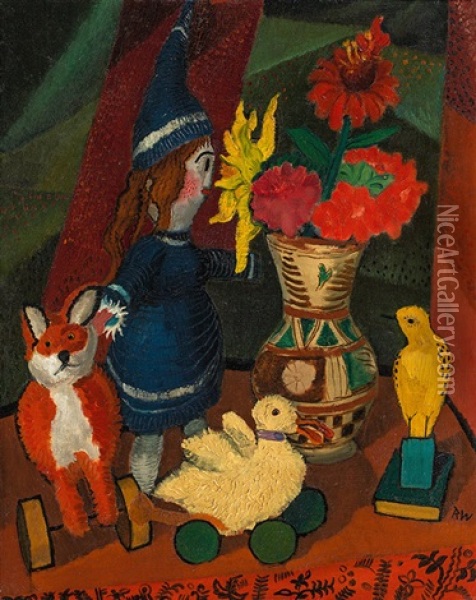 Still Life With Flower Jug And Doll Ii Oil Painting - Rudolf Wacker