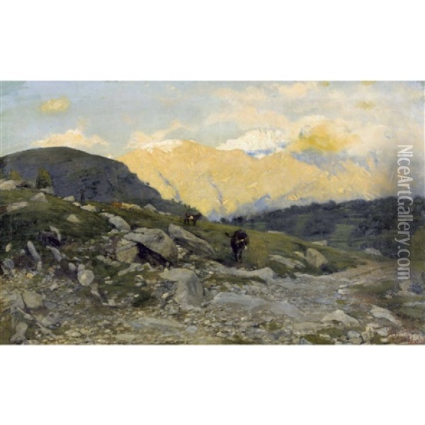 Abendstimmung Auf Der Alp Mit Weidenden Kuhen Oil Painting - Eugenio Spreafico