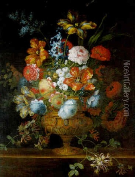 Flowers In An Urn On A Ledge Oil Painting - Jean-Baptiste Monnoyer