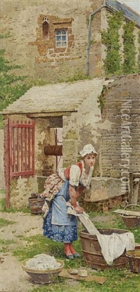 Maid Washing Clothes Oil Painting - Edouard Toudouze