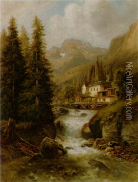 Berglandschaft Mit Wildem Bach Und Gebauden Oil Painting - Franz Barbarini