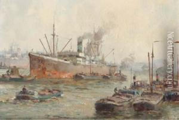 A Cargoship In The Harbour, Rotterdam Oil Painting - Gerardus Johannes Delfgaauw