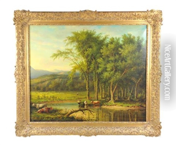 Untitled (cows Watering In New England Landscape) Oil Painting - John White Allen Scott