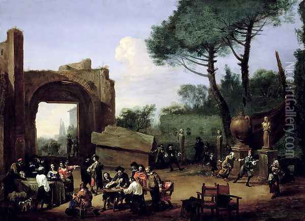 Garden Party with Roman Artists, c.1640s Oil Painting - Michelangelo Cerquozzi