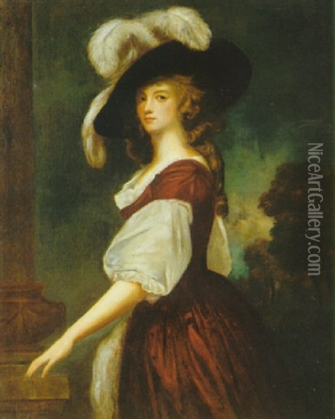 Portrait Of Lady Milnes, Three Quarter Length, Standing In A Landscape, Wearing A Purple Dress Oil Painting - George Romney