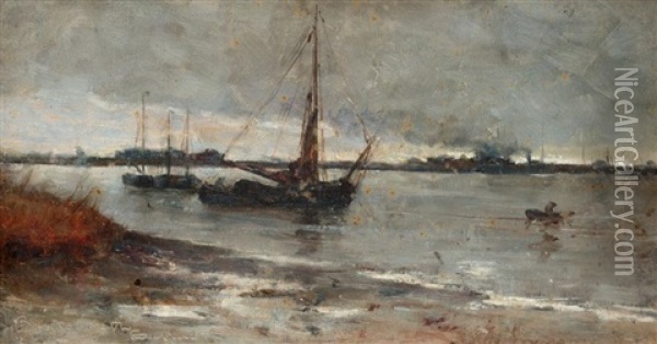 Barges On The Scheldt Oil Painting - John Reid Murray