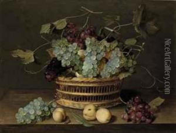 A Basket Of Grapes With Peaches Oil Painting - Jacob van Hulsdonck