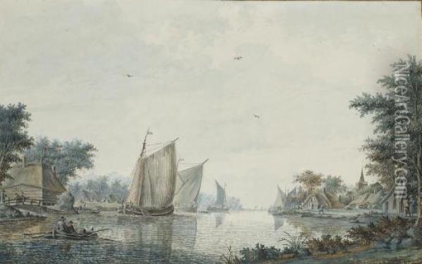Des Voiliers Et Une Barque Au Bord D'un Rivage: Vue Presumee De Alphen Aan Den Rijn Oil Painting - Theodor (Dirk) Verrijk