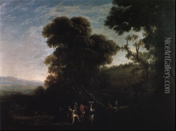 Wooded Landscape With Peasants Fording A Stream Oil Painting - Claude Lorrain