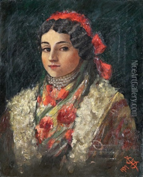 Girl In Folk Costume Oil Painting - Julia Zsolnay