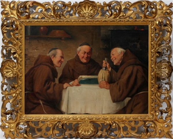 Monks Around A Table Oil Painting - Adolfo Bacci