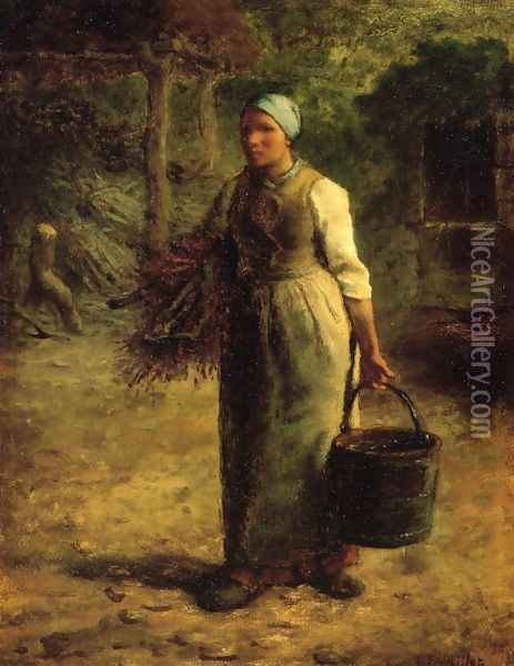 Woman Carrying Firewood and a Pail Oil Painting - Jean-Francois Millet