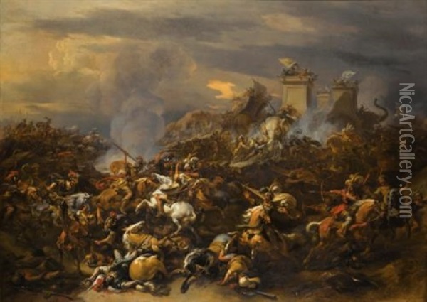 The Battle Between Alexander And Porus Oil Painting - Nicolaes Petersz Berchem