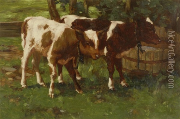 Two Calves Watering Oil Painting - David Gauld