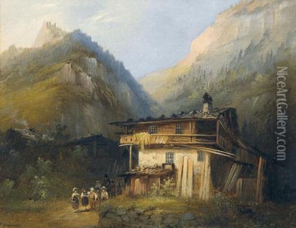 Sommerliche Bergpartie Mit Bauernhaus Und Schulkindern Oil Painting - Ferdinand Sommer
