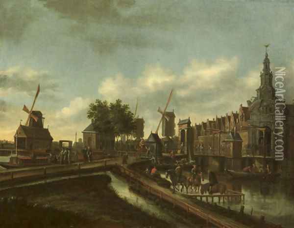 The 'Haarlemmer Poort' in Amsterdam with figures on a road and in boats Oil Painting - Thomas Heeremans