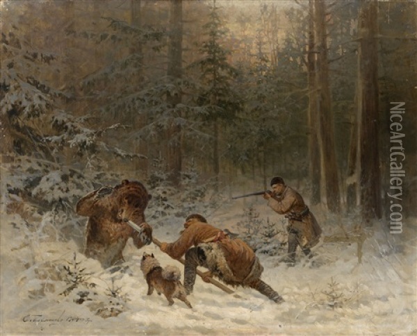 Bear Hunt Oil Painting - Efim A. Tikhmenev