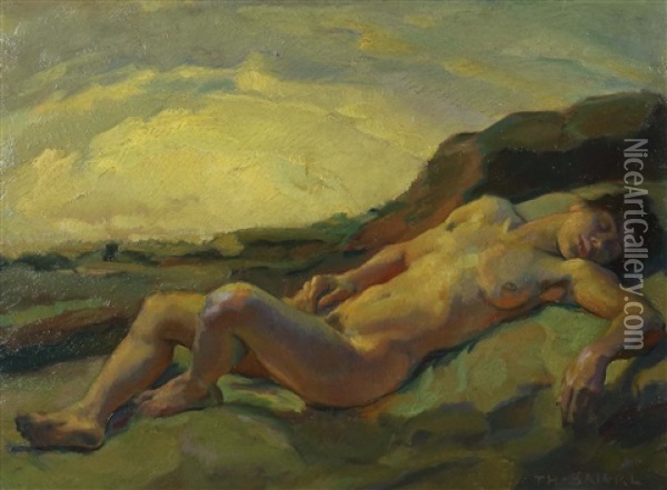 Akt Vor Landschaft Oil Painting - Theodor Baierl