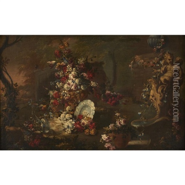 Outdoor Still Life With Mixed Flowers And A Sculpted Putto Fountain Oil Painting - Gasparo Lopez