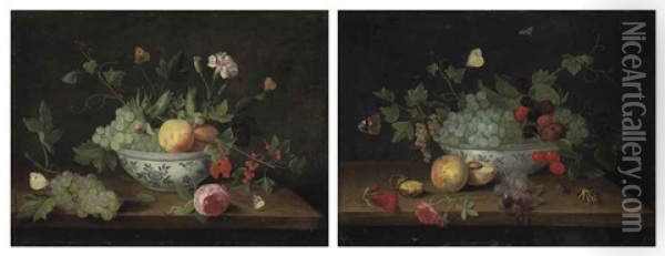 Grapes, Peaches, Cranberries, Flowers And Butterflies, In A Porcelain Bowl On A Wooden Ledge (+ Grapes, Blackberries, Cherries, Butterflies And A...; Pair) Oil Painting - Jan van Kessel the Elder