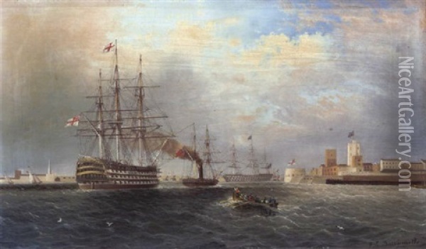 Die Victory Im Hafen Von Portsmouth Oil Painting - James Edward Buttersworth