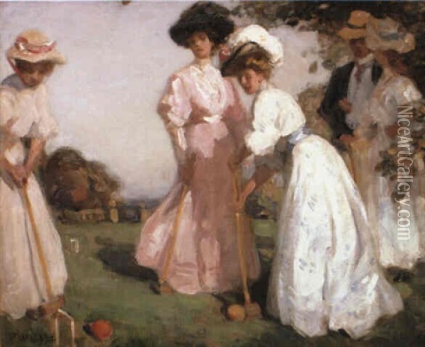 Ladies Playing Croquet Oil Painting - Percy William Gibbs