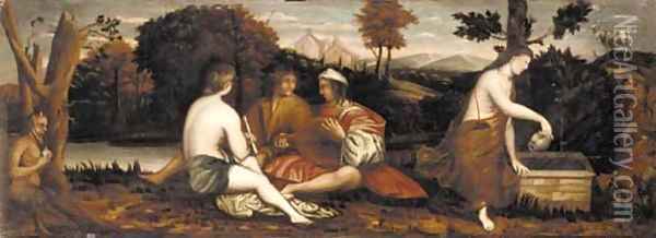 Musicians relaxing by a maiden fetching water with Pan looking on Oil Painting - Italian School