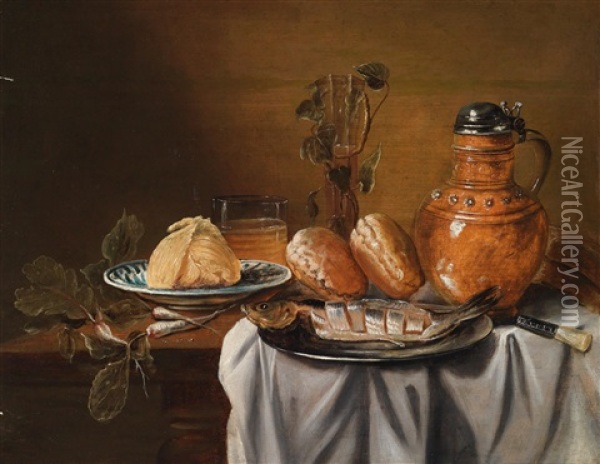 Stillleben Mit Hering Auf Einem Zum Teil Gedeckten Tisch Oil Painting - Cornelis Mahu