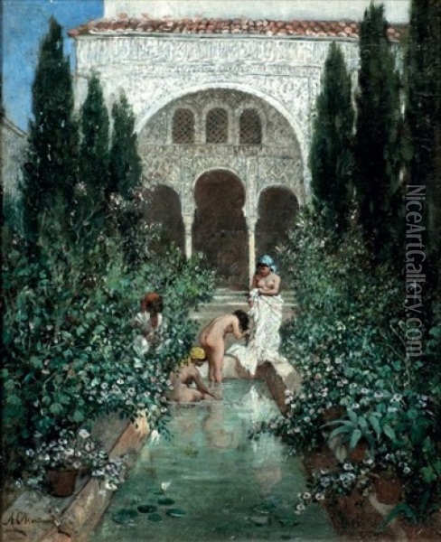 Baigneuses Dans Les Jardins D'un Palais Oil Painting - Marc Alfred Chataud