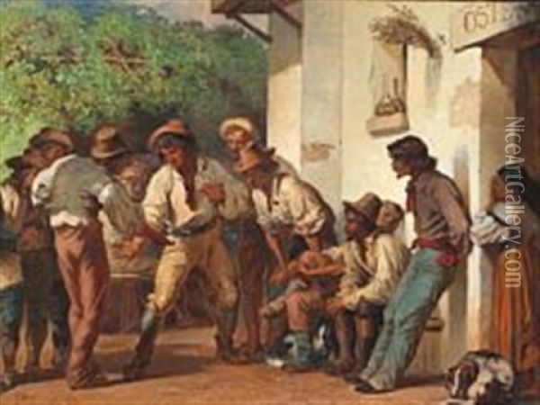 Italian Morra Players Outside An Osteria Oil Painting - Henri Regnault