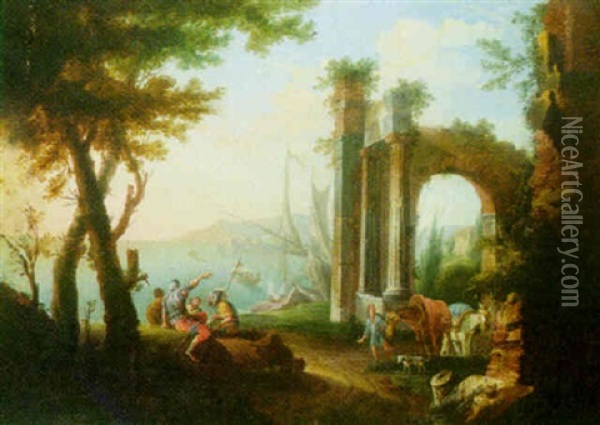 Coastal Landscape With Figures Beside Ruins Oil Painting - Jacob De Heusch