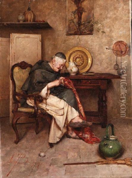 Mending The Cloth Oil Painting - Giuseppe Bortignoni