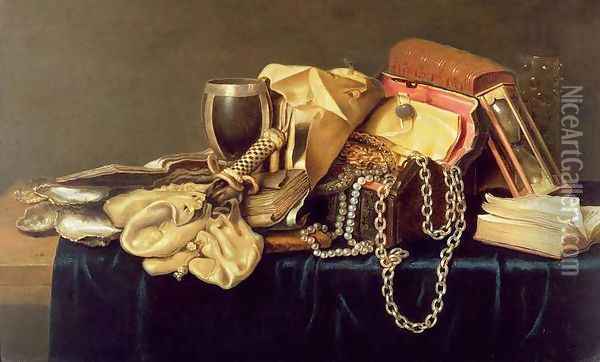 Still Life of a Jewellery Casket, Books and Oysters Oil Painting - Andries Vermeulen