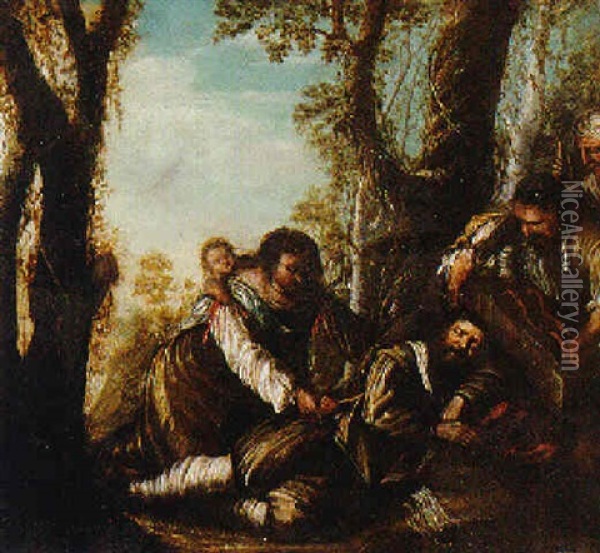 Gypsies Picking A Sleeping Traveller's Pockets Oil Painting - Sebastiano Mazzoni