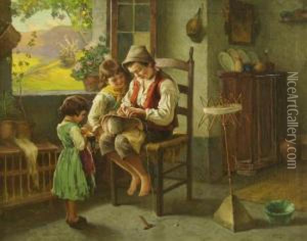 Boy Fixing Buggy With Two Sisters Oil Painting - Franz Wiehl