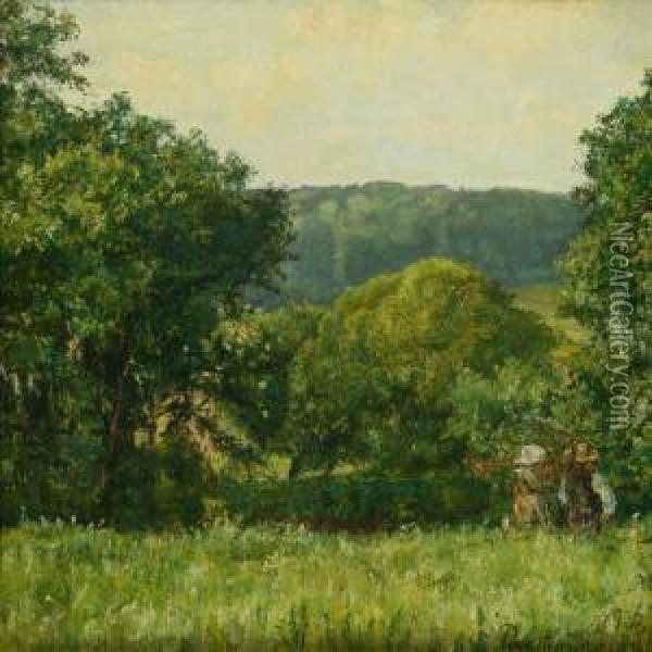 Landscape With Persons, Summer Oil Painting - Pauline Thomsen